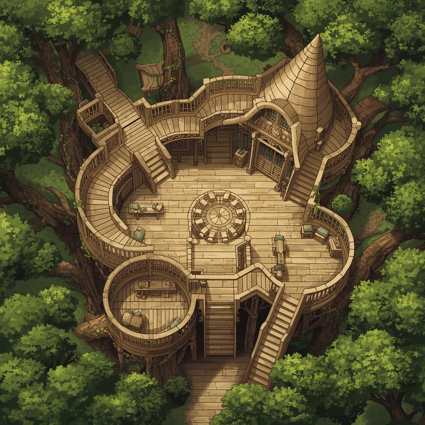 An intricately designed elven treehouse is depicted in a top-down floorplan view, showcasing its light-colored wooden structure, with delicate curved lines and elegant arches, set amidst a lush canopy of trees, for use as a Dungeons and Dragons battlemap, featuring a predominantly earthy tone color scheme with shades of pale brown, beige, and cream, and incorporating natural elements such as vines and leaves, with a sense of whimsy and fantasy, while maintaining a clear and easy-to-navigate layout, perfect for strategic gameplay and immersive storytelling.