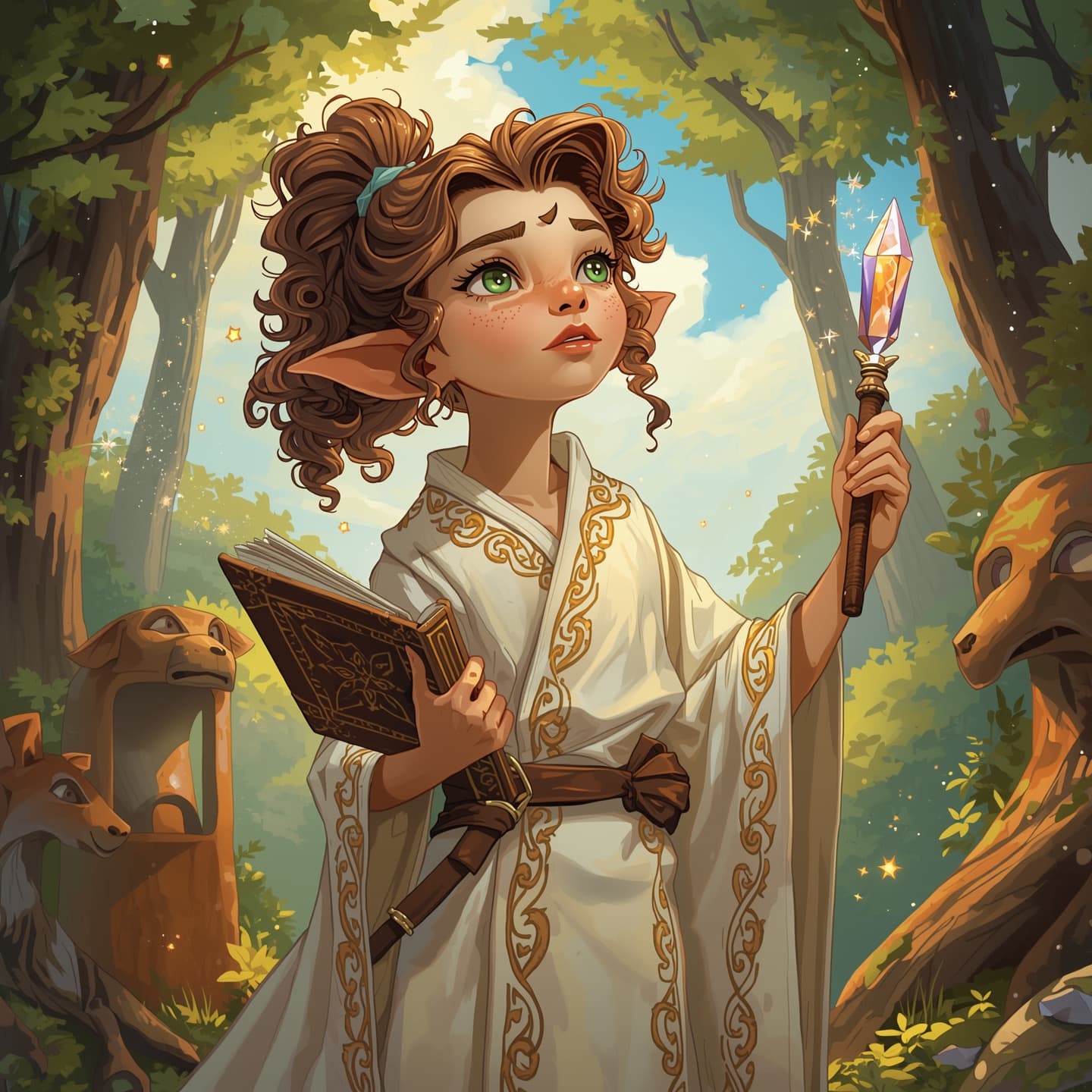 A young halfling wizard girl with a slender build and agile physique, dressed in a long, flowing white robe with intricate golden embroidery, her curly brown hair tied back in a ponytail, her bright green eyes sparkling with magic, her soft, heart-shaped face featuring a smattering of light freckles across the bridge of her nose, standing in a lush, vibrant forest surrounded by towering trees, with a leather-bound spellbook clutched in her left hand and a delicate, crystal-tipped wand held in her right, a sprinkle of glittering, shimmering fairy lights dancing around her, as she gazes upwards with a look of wonder and enchantment, set against a warm, sunny backdrop with a clear blue sky and fluffy white clouds, in a whimsical, fantastical style reminiscent of classic fantasy illustrations, with bold lines, vibrant colors, and meticulous attention to detail.