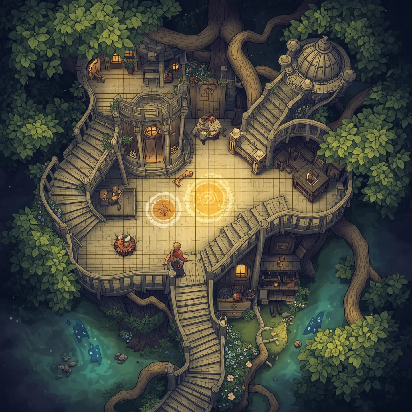 A whimsical magical treehouse in a top-down floorplan view with a pale wooden tone and soft earthy colors, designed for a Dungeons and Dragons battle map, featuring intricate details such as twisted branches, curved staircases, and glowing runes, with various rooms and levels, including a grand central chamber, cozy nooks, and a winding observatory, surrounded by lush green leaves and vibrant flowers, with a subtle mystical glow emanating from the tree's core, and a clear grid system for easy navigation and combat planning.