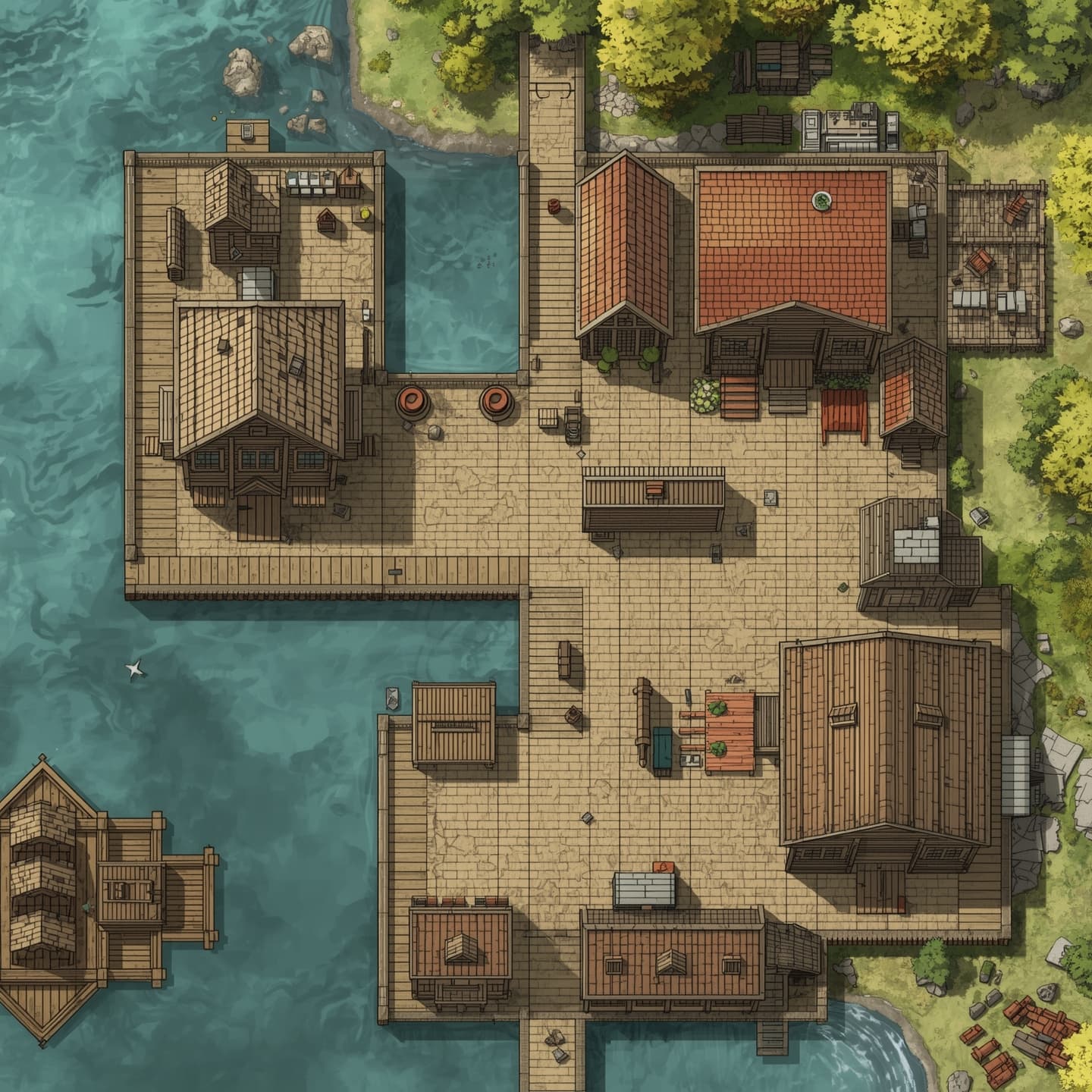 A quaint town with worn docks and rustic buildings, depicted in a top-down floorplan view, featuring light earthy coloring, designed for Dungeons and Dragons, serving as a detailed Battlemap, hand drawn with intricate lines and subtle textures, incorporating gentle water effects and minimalistic vegetation, with a focus on functionality and gameplay, including various structures such as shops, inns, and warehouses, all carefully arranged to create an immersive and engaging environment.