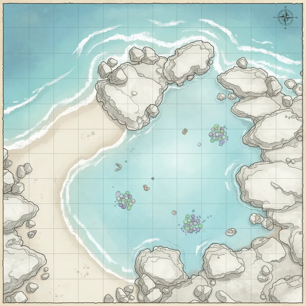 a battlemap or A rocky coastline with a tide pool., top-down, floorplan view, light coloring, for DnD