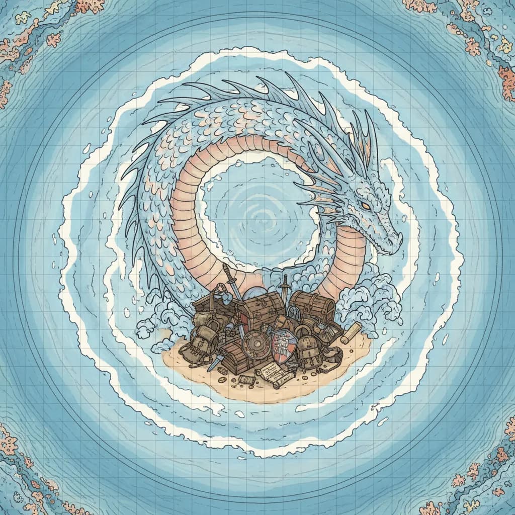 A dragon-shaped coral arch rises from the surf like a frozen wave, with stolen gear piled beside its base., top-down, floorplan view, light coloring, for DnD, encounter map