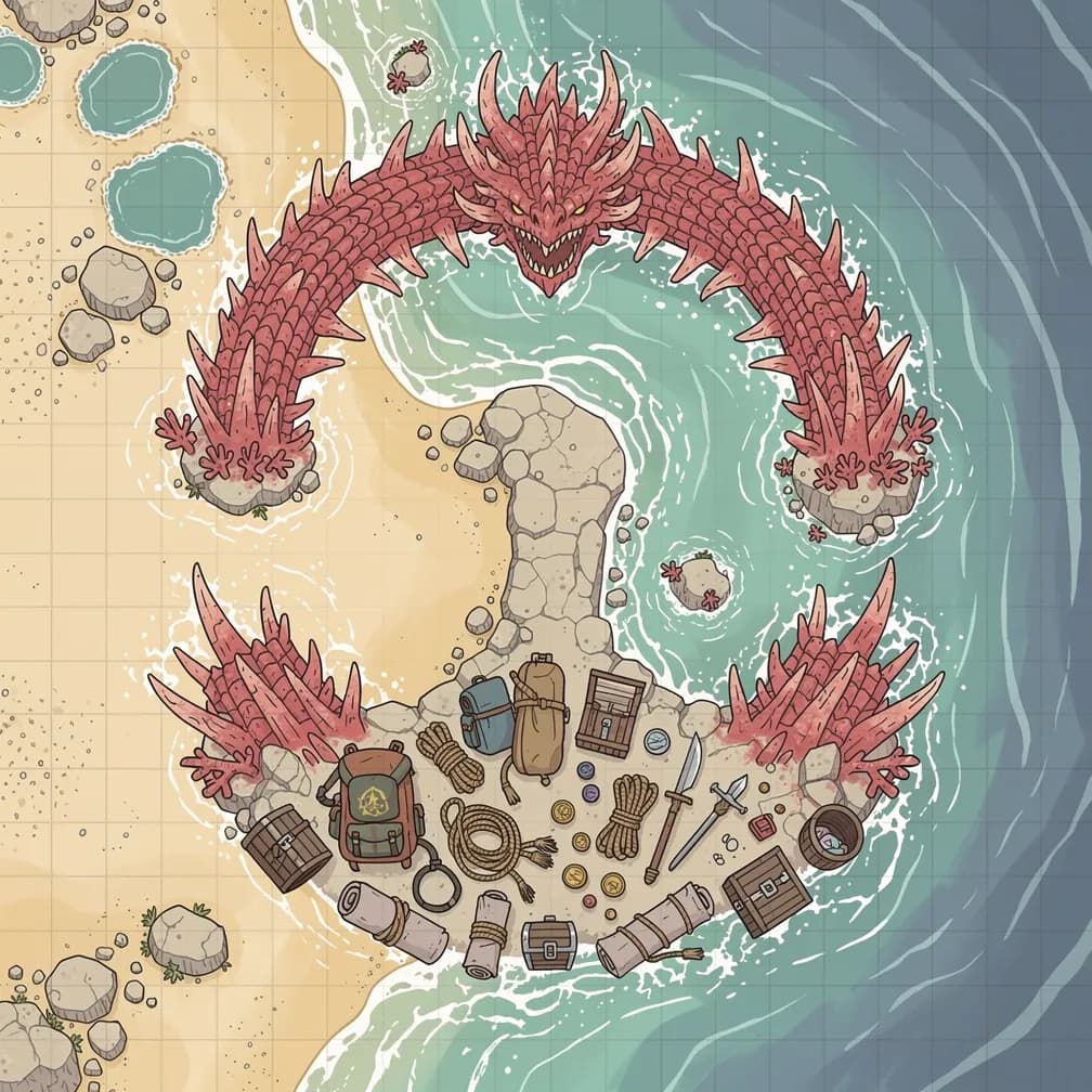 A dragon-shaped coral arch rises from the surf like a frozen wave, with stolen gear piled beside its base., top-down, floorplan view, light coloring, for DnD, encounter map
