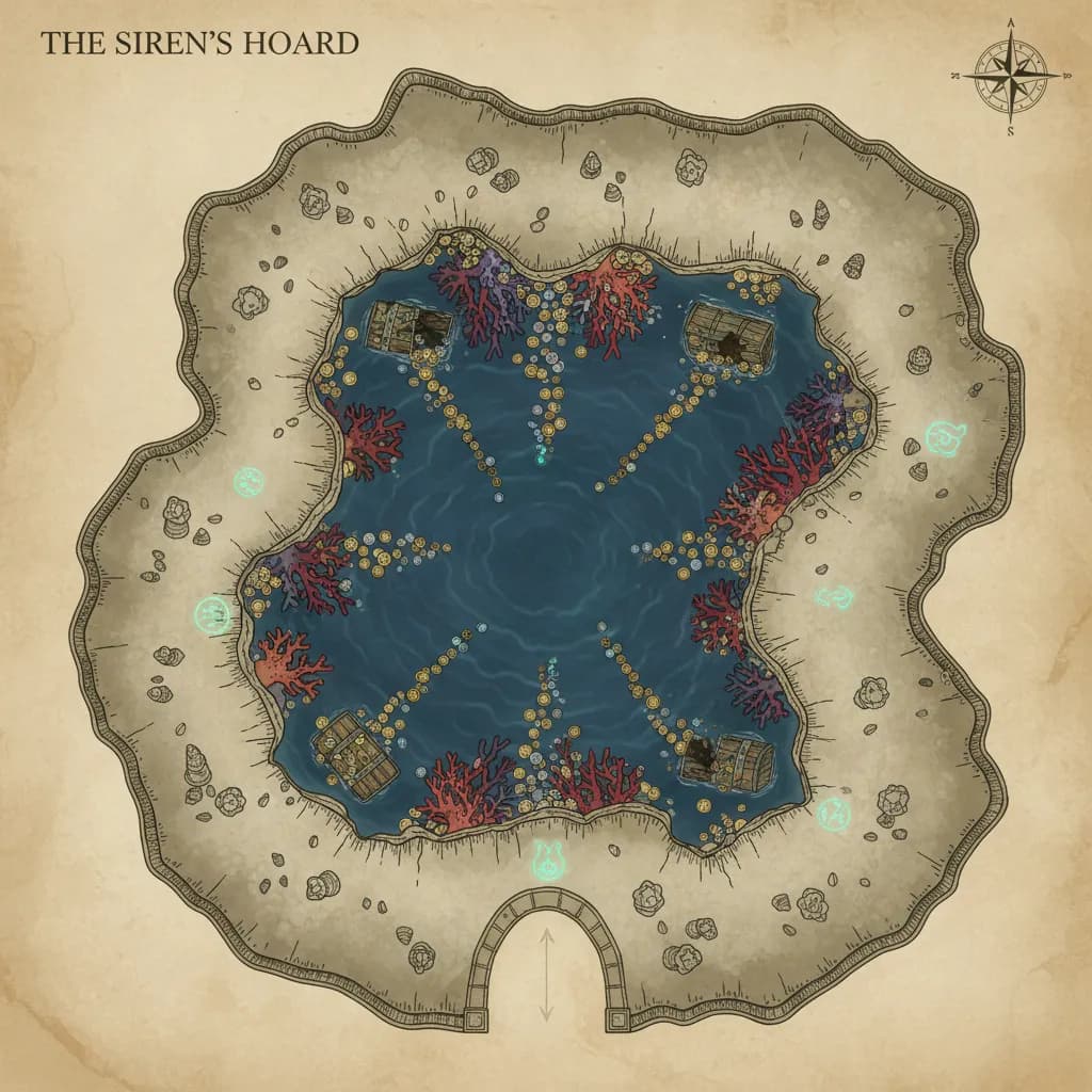 The cave opens around a dark pool glittering with coins, coral, and waterlogged chests, top-down, floorplan view, light coloring, for DnD