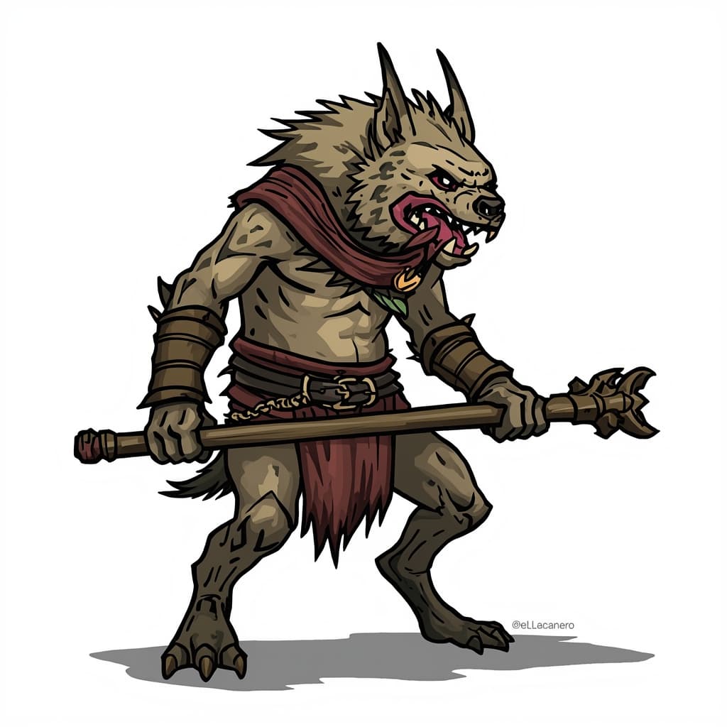 A gnoll, no background, for Dnd. Gnolls are feral, hyena-headed humanoids that attack without warning, slaughtering their victims and devouring their flesh.