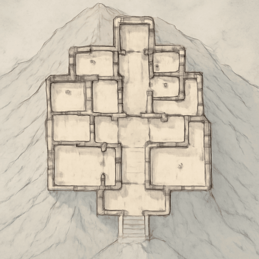 This haunted castle is at the top of a mountain, it has several chambers, top-down, floorplan view, light coloring, for DnD
