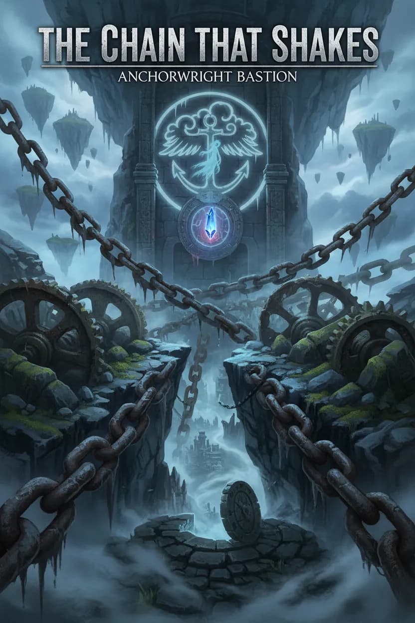 Cinematic dungeon cover of Anchorwright Bastion: shattered anchor chain, towering winch gears, a hidden hatch spilling cold cloud-wind, and a sealed sky-sigiled chamber with a faint cloud-wraith. The relic shard glows ominously, hinting at the city’s ancient bond below the clouds. Display the dungeon name exactly: "The Chain That Shakes".
