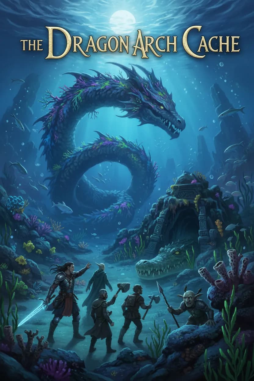 Cinematic fantasy cover at Crystal Cove: a dragon-shaped coral arch over a moonlit reef shelf, Talan leading adventurers past a suspicious goblin lookout toward a dark cache cave, while a crocodile lurks in the flooded entrance. Display the dungeon name exactly: "The Dragon Arch Cache"