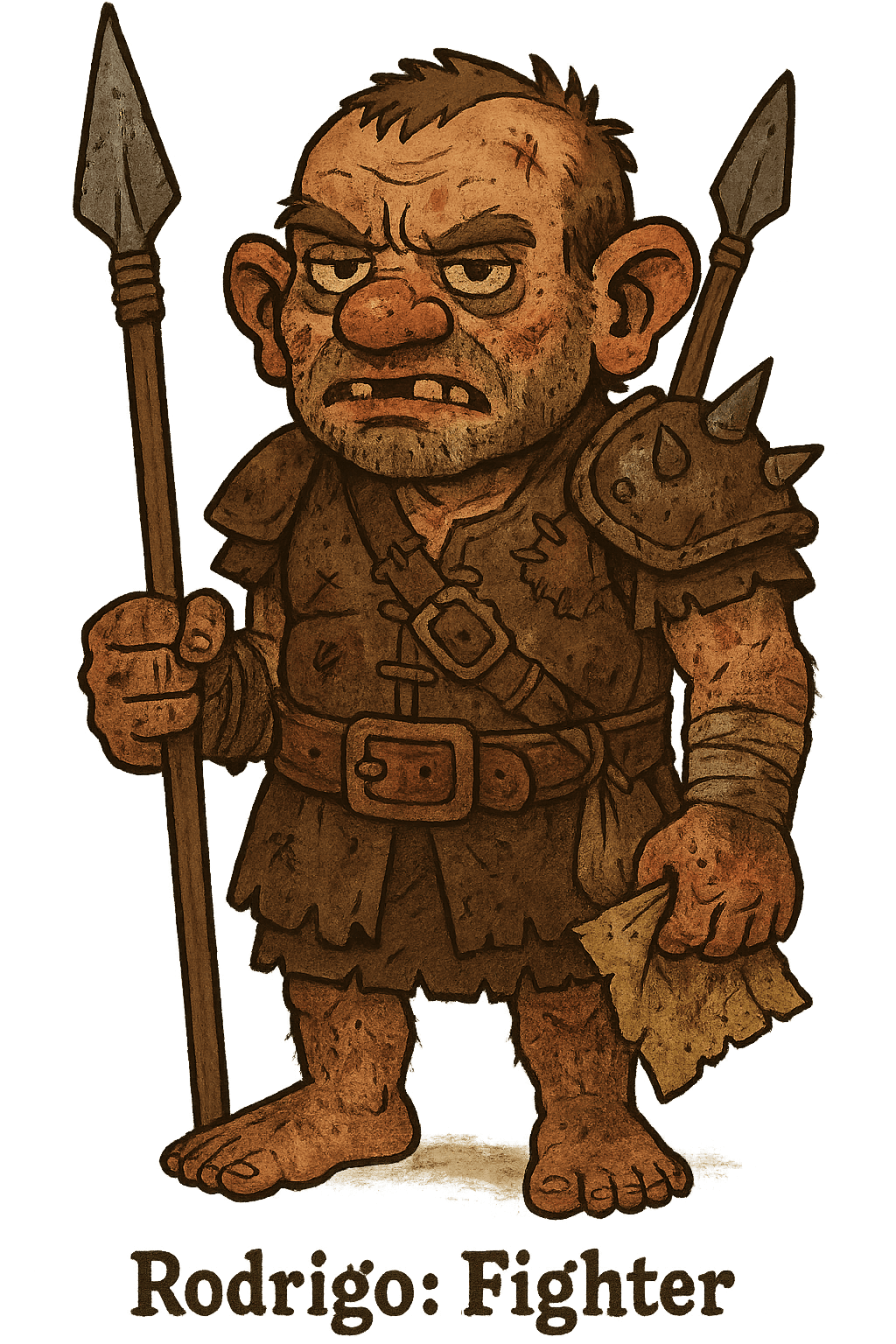 Create a fantasy character portrait in vertical portrait dimensions.
Show the full character head to toe in frame.
No background. Use a transparent or plain blank background only.
Clear outfit and weapon details, readable as a tabletop character portrait.
Art style: cartoon.
Character name: Rodrigo.
Class: Fighter.
Race: Halfling.
Melee weapon: Spear.
Missile weapon: Throwing Spear.
Backstory notes: Rodrigo grew up dodging trouble in the shadowy alleys of a bustling port town, where he learned to fight just to survive. When a violent storm wrecked the ship he had stowed away on, he washed ashore with only a tattered map clutched in his hand—a mysterious treasure map that might lead to fortunes beyond his wildest dreams. Reckless but curious, Rodrigo is determined to follow the map’s secrets, hoping to rise from street survivor to legendary treasure hunter, even if it means facing dark dange
User feedback to apply: Can you make him more beat up and dirty. With leather pirate armor. and uglier