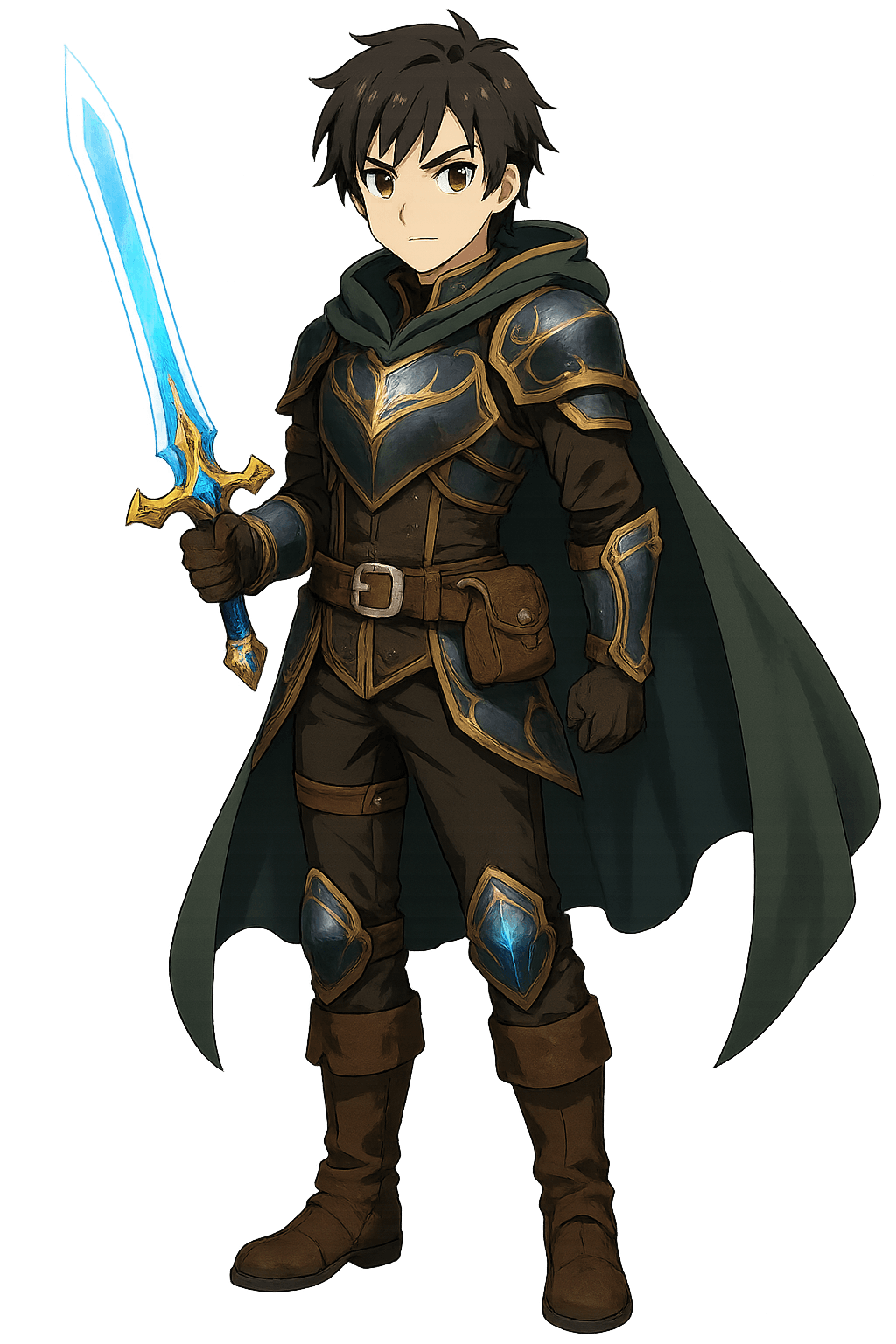 A male human rogue wearing leather armor holding sword with cape.
Use vertical portrait orientation (1024x1536) with an eye-level camera angle.
The full character must be visible from head to toe.
No background. Transparent or plain blank background only.
Keep a clear line of sight to face, clothing, and held items.
Style: anime.
Overall feel: adventurous.
Feedback to apply: Magic sword and armor
Additional notes: none.