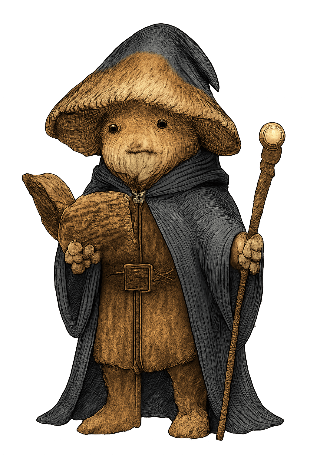 A wizard wearing cloak holding spellbook.
Use portrait-style framing with an eye-level camera angle.
The full character must be visible from head to toe.
No background. Transparent or plain blank background only.
Keep a clear line of sight to face, clothing, and held items.
Overall feel: fantasy.
Feedback to apply: This is a mushroom person.
Additional notes: none.