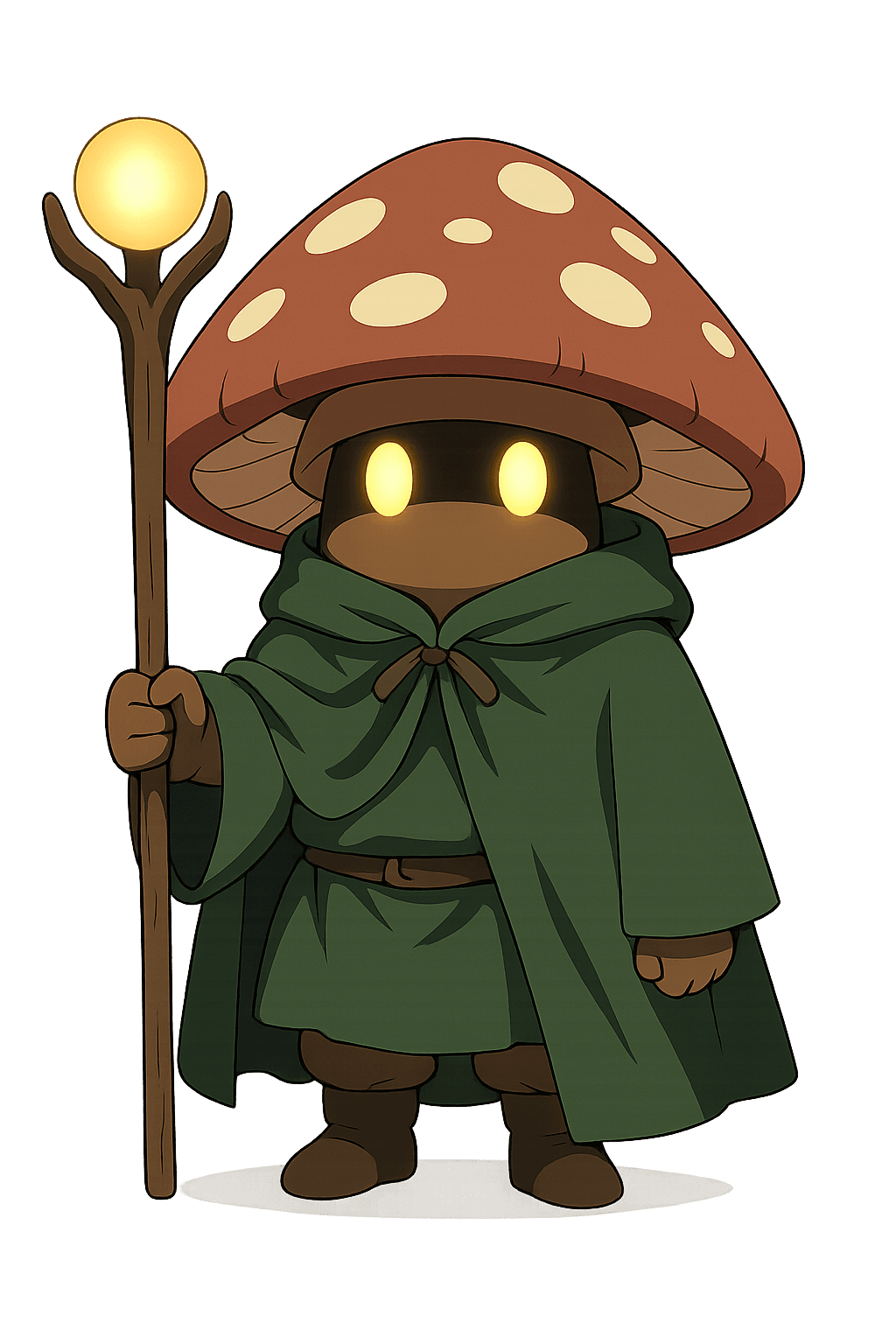 A male wizard wearing cloak holding staff with glowing eyes.
Use vertical portrait orientation (1024x1536) with an eye-level camera angle.
The full character must be visible from head to toe.
No background. Transparent or plain blank background only.
Keep a clear line of sight to face, clothing, and held items.
Style: anime.
Overall feel: mystical.
Feedback to apply: This should be a Mushroom person and also short
Additional notes: none.
