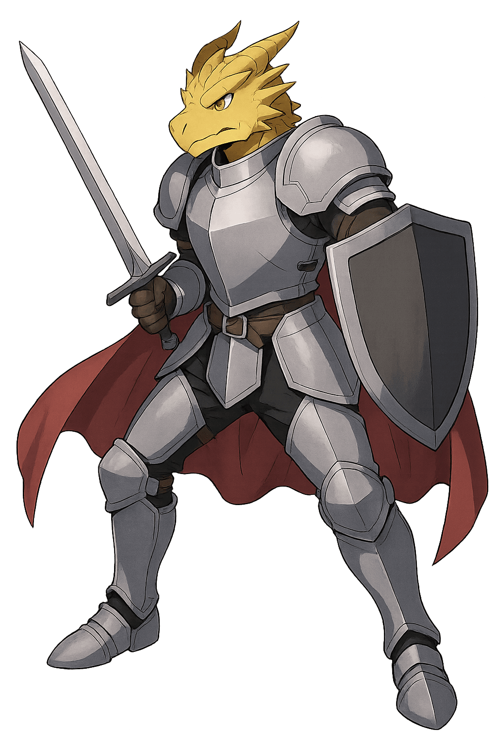 A male paladin wearing plate armor holding sword, shield with cape, battle pose.
Use vertical portrait orientation (1024x1536) with an eye-level camera angle.
The full character must be visible from head to toe.
No background. Transparent or plain blank background only.
Keep a clear line of sight to face, clothing, and held items.
Style: anime.
Overall feel: heroic.
Feedback to apply: dragonborn person
Additional notes: none.