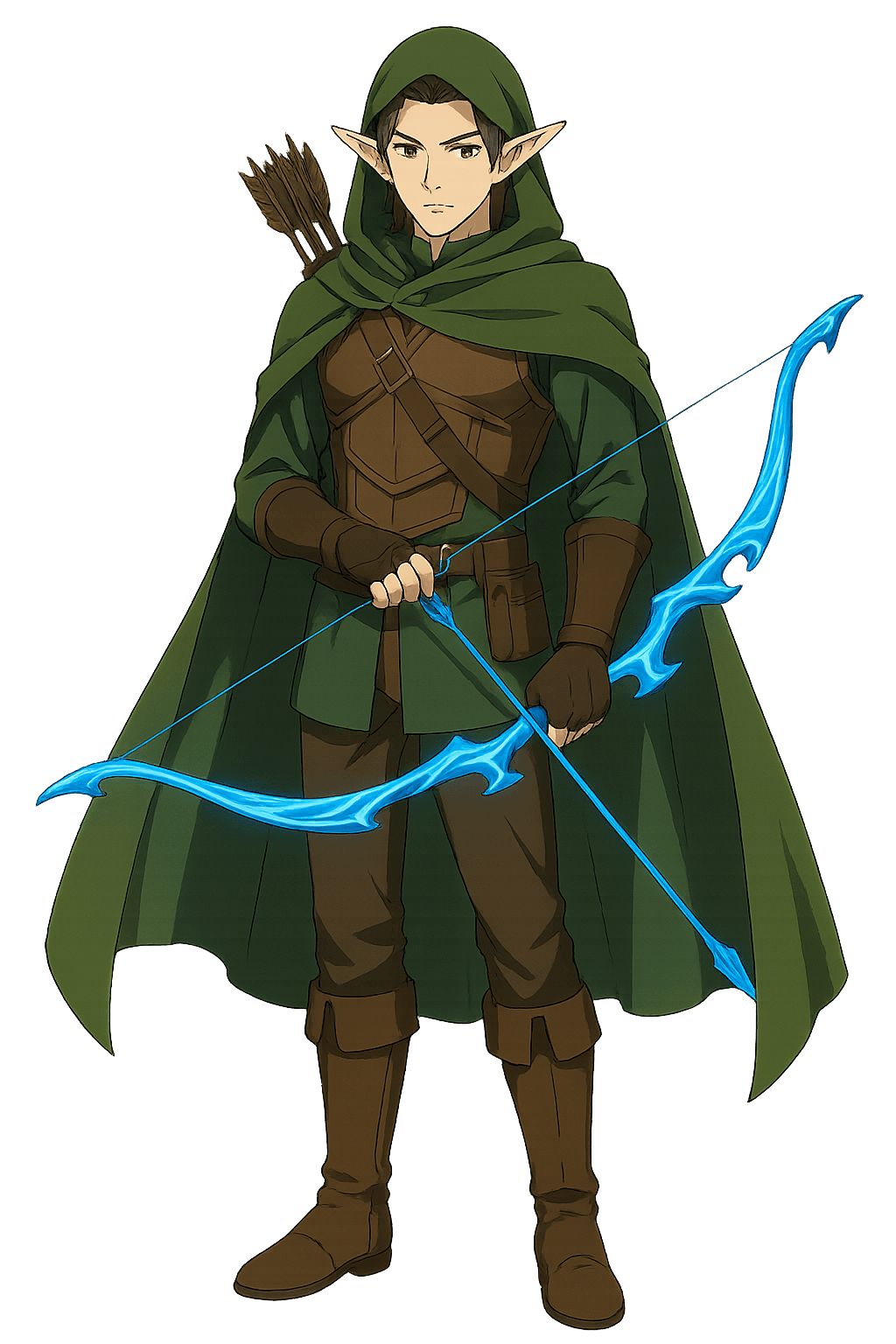 A male elf fighter wearing leather armor, forest gear holding bow with cape.
Use vertical portrait orientation (1024x1536) with an eye-level camera angle.
The full character must be visible from head to toe.
No background. Transparent or plain blank background only.
Keep a clear line of sight to face, clothing, and held items.
Style: anime.
Overall feel: heroic.
Feedback to apply: magic longbow
Additional notes: none.