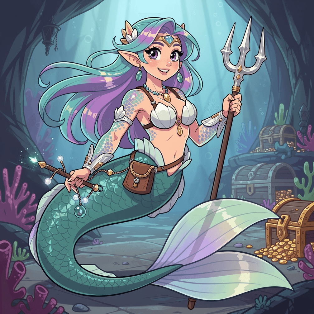A beautiful mermaid, for DnD, cartoon.