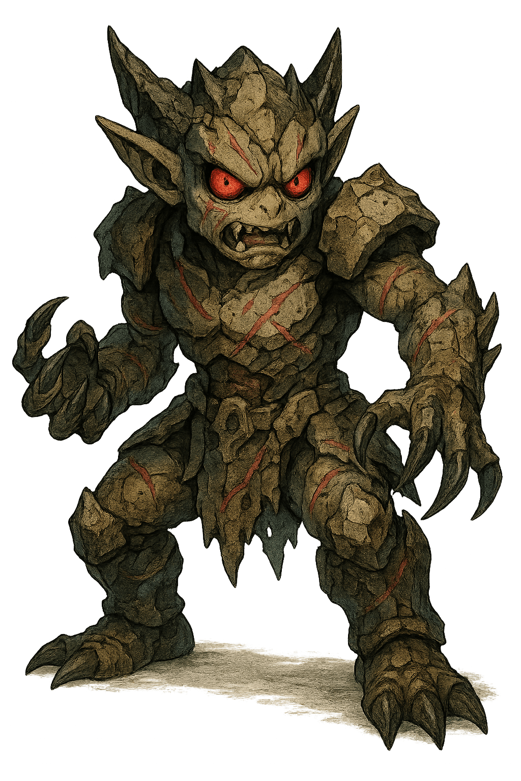 A small g Dungeons and Dragons monster inspired by mountain, swamp, ruins, volcanic with claws with battle pose, scarred.
Use vertical portrait orientation (1024x1536) with an eye-level camera angle.
The full monster must be visible from head to toe.
No background. Transparent or plain blank background only.
Keep a clear line of sight to body shape, face, and key features.
Style: anime.
Overall feel: fantasy, ancient.
Feedback to apply: none.
Additional notes: none.