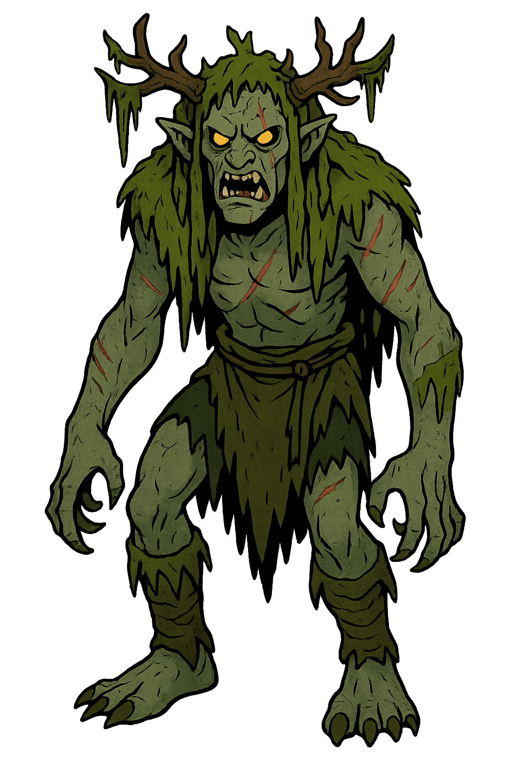 A medium z Dungeons and Dragons monster inspired by forest, swamp, cave with scarred.
Use vertical portrait orientation (1024x1536) with an eye-level camera angle.
The full monster must be visible from head to toe.
No background. Transparent or plain blank background only.
Keep a clear line of sight to body shape, face, and key features.
Style: cartoon.
Overall feel: menacing.
Feedback to apply: none.
Additional notes: none.