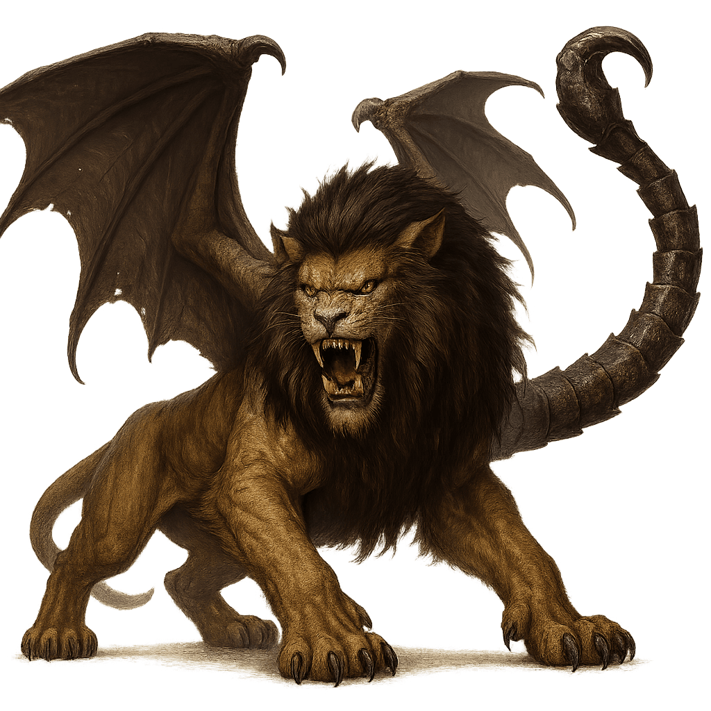 Revise this existing monster image concept while keeping the same monster identity and overall composition.
Base concept:
A manticore.
Requested changes:
Keep the same character/monster identity, pose, framing, and overall composition. Only increase quality, detail, lighting, and texture fidelity.
This is for Dungeons and Dragons and should have no background.
