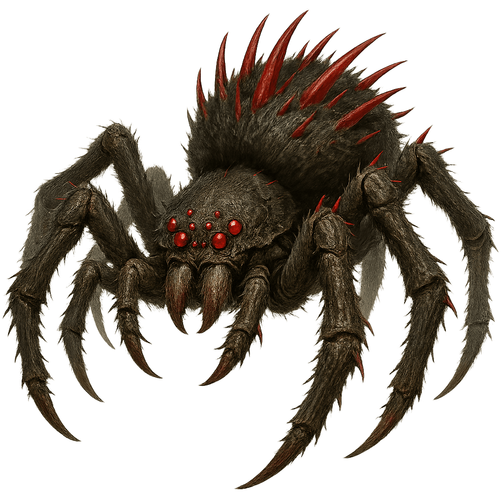 Revise this existing monster image concept while keeping the same monster identity and overall composition.
Base concept:
Revise this existing monster image concept while keeping the same monster identity and overall composition.
Base concept:
A giant spider.
Requested changes:
has eyes and red spikes
This is for Dungeons and Dragons and should have no background.
Requested changes:
Keep the same character/monster identity, pose, framing, and overall composition. Only increase quality, detail, lighting, and texture fidelity.
This is for Dungeons and Dragons and should have no background.