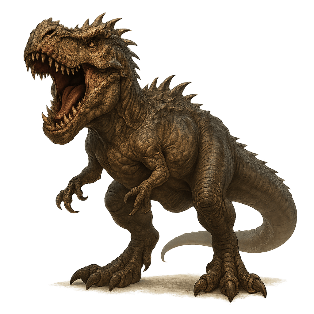 Revise this existing monster image concept while keeping the same monster identity and overall composition.
Base concept:
A Tyrannosaurus Rex with no background, fantasy theme.
Requested changes:
Keep the same character/monster identity, pose, framing, and overall composition. Only increase quality, detail, lighting, and texture fidelity.
This is for Dungeons and Dragons and should have no background.
