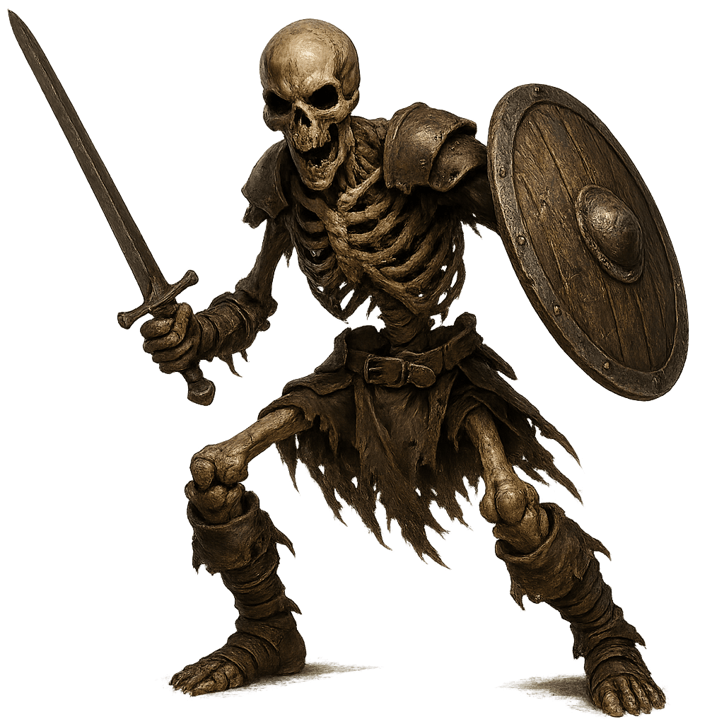 Revise this existing monster image concept while keeping the same monster identity and overall composition.
Base concept:
Revise this existing monster image concept while keeping the same monster identity and overall composition.
Base concept:
Revise this existing monster image concept while keeping the same monster identity and overall composition.
Base concept:
A skeleton holding a shield and sword.
Requested changes:
no background
This is for Dungeons and Dragons and should have no background.
Requested changes:
scary skeleton in battle stance.
This is for Dungeons and Dragons and should have no background.
Requested changes:
Keep the same character/monster identity, pose, framing, and overall composition. Only increase quality, detail, lighting, and texture fidelity.
This is for Dungeons and Dragons and should have no background.